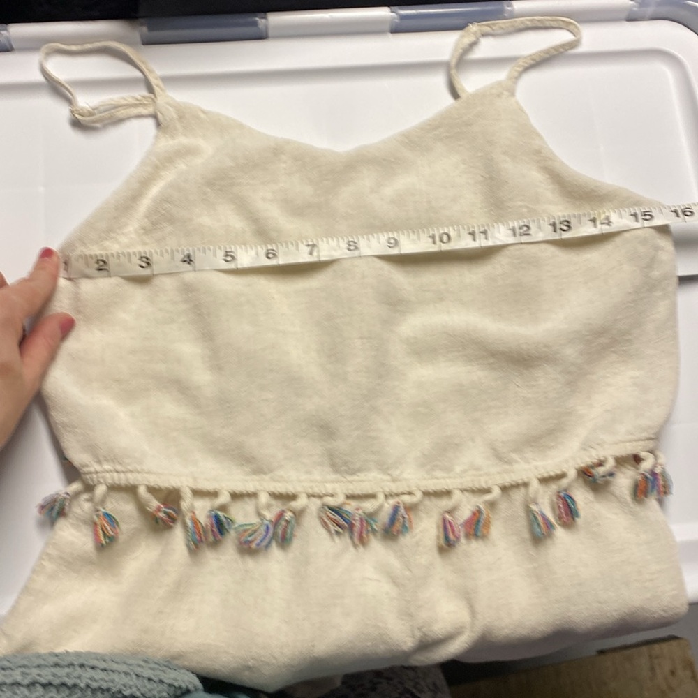 PAPER CRANE Anthropologie Rainbow Fringe Tassel Linen Cream Romper Womens Small - Picture 8 of 8